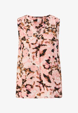 Blouse sans manches avec un motif abstrait rose, marron et noir. Design à col en V avec une coupe ample et une texture de tissu lisse.