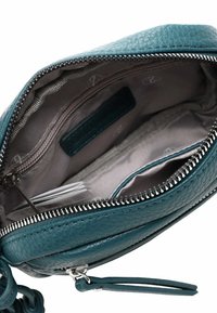 Teal leather pouch with a zip closure; interior features a light gray lining, multiple pockets, and a card slot. Metal zipper hardware visible.