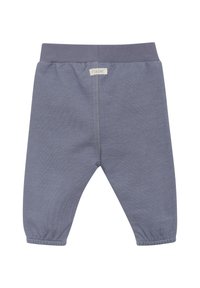 Grå mjuka bomullsbabybyxor med elastisk midja, har en lös passform och subtila rynkade muddar vid anklarna.