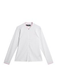 Vit långärmad zip-up jacka med en texturerad mönster, med en rosa krage och manschetter. Diskret logotyp på vänster bröst.