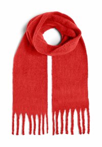 Rød tørklæde lavet af blødt, tekstureret stof, med frynser i enderne og et enkelt design. Stoffet ser let og varmt ud.