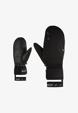 Schwarze Fäustlinge mit einem Lederhandflächen und wasserdichtem Stoff. Elastischer Bund mit verstellbarem Riemen und Logodetail. Isoliert für Wärme.