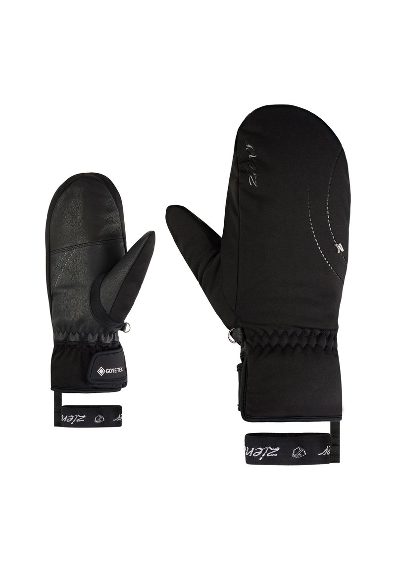 Schwarze Fäustlinge mit einem Lederhandflächen und wasserdichtem Stoff. Elastischer Bund mit verstellbarem Riemen und Logodetail. Isoliert für Wärme.