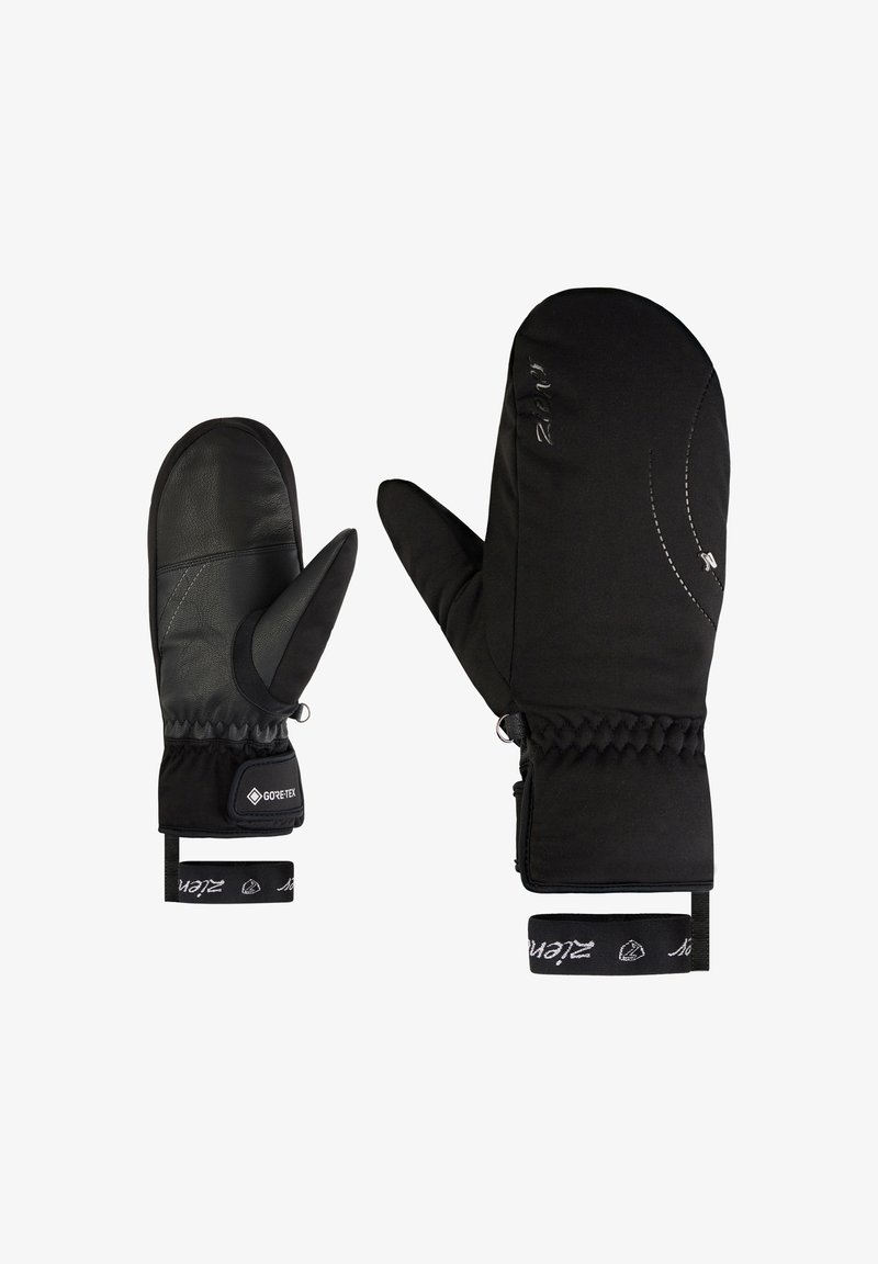 Schwarze Fäustlinge mit einem Lederhandflächen und wasserdichtem Stoff. Elastischer Bund mit verstellbarem Riemen und Logodetail. Isoliert für Wärme.