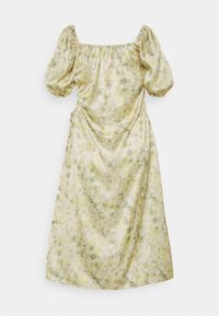 Kwiatowa sukienka midi w jasnym żółtym kolorze z bufiastymi rękawami, kwadratowym dekoltem oraz delikatnymi marszczeniami dla swobodnego sylwetki. Gładka tkanina z delikatnym wzorem.