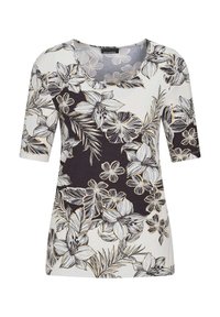 T-Shirt mit Floralprint in hellen und dunklen Farbtönen. Merkmale sind ein Rundhalsausschnitt und kurze Ärmel, ergänzt durch ein gemustertes Design aus Blättern und Blumen.