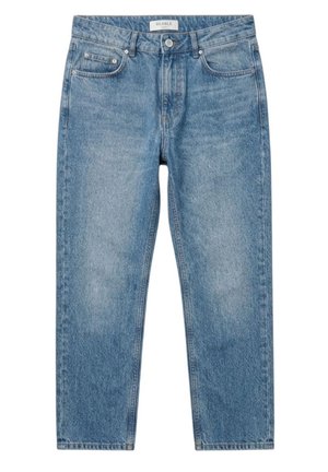 Jeans blu a gamba dritta con cinque tasche, chiusura con bottone e cerniera, e sottili dettagli sbiaditi nella parte anteriore delle cosce.