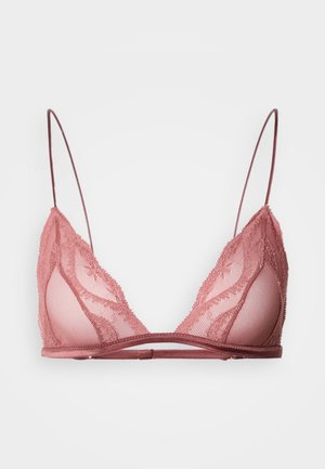 Mežģīņu bralets izsmalcinātā rožkrāsā ar caurspīdīgiem tilla kausiņiem, regulējamām lencītēm un ziedu rakstiem, kuru pamatā ir gluda apakšējā lenta atbalstam.