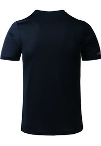 Schwarzes Kurzarm-T-Shirt aus glattem Stoff, mit rundem Halsausschnitt und einem kleinen Logo-Element am Ärmel. Rückansicht gezeigt.