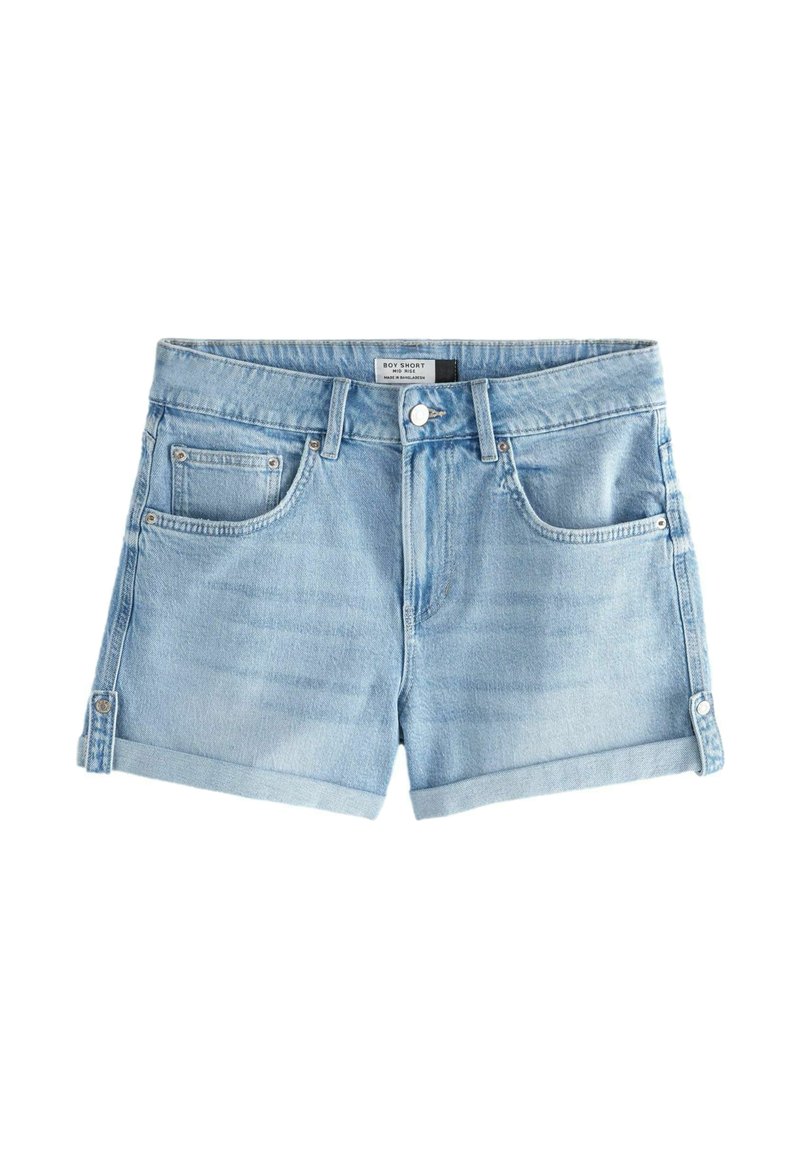 Hellblaue Denim-Shorts mit hoher Taille, zwei Vordertaschen und umgeschlagenen Säumen. Ausgestattet mit einem Metallknopf und einem Markenetikett im Taillenbund.