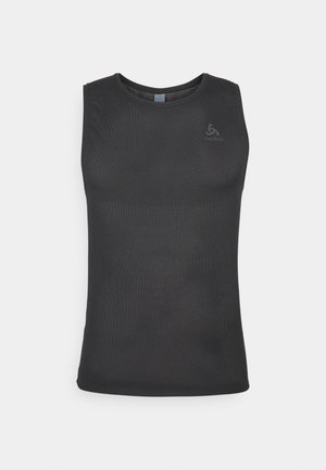 Schwarzes ärmelloses Sport-Tanktop aus Netzgewebe mit strukturierten Oberflächen. Verfügt über ein Logo auf der Brust und einen runden Ausschnitt.