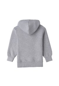 Felpa per bambino di colore grigio chiaro vista di spalle, con maniche lunghe, polsini a costine e cappuccio, su sfondo bianco.