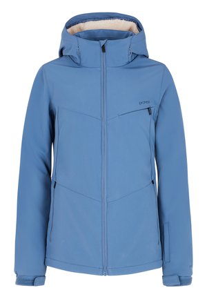 Light blue jacket with a soft, textured interior. Features a hood, zippered pockets, and contrasting seams in a sporty design.