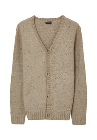 Beige Cardigan mit V-Ausschnitt und Knopfverschluss, der ein strukturiertes Strickmuster und Sprenkel in Orange und Schwarz aufweist.
