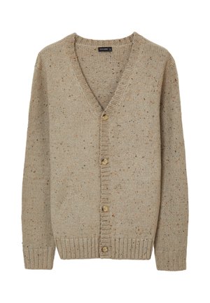Cardigan beige con scollo a V e chiusura a bottoni, caratterizzato da un motivo a maglia testurizzato e macchie di arancione e nero.