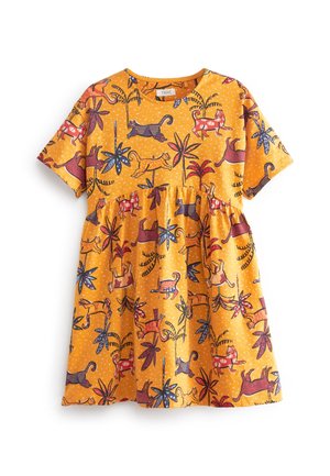 Kratké šaty z bavlny se žlutým pozadím, zdobené barevnými vzory zvířat a rostlin, a s nařaseným pasem.