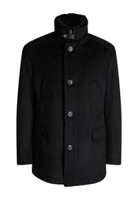Cappotto nero in misto lana con collo alto, bottoni frontali e doppie tasche laterali; texture liscia con una forma aderente.