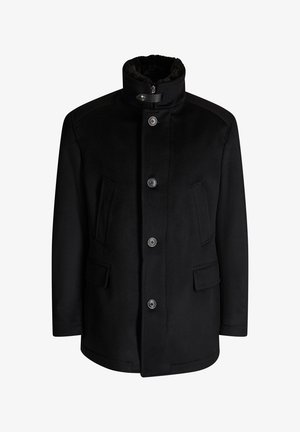 Czarny płaszcz z mieszanki wełny z wysokim kołnierzem, guzikami z przodu i podwójnymi bocznymi kieszeniami; gładka faktura z dopasowanym krojem.
