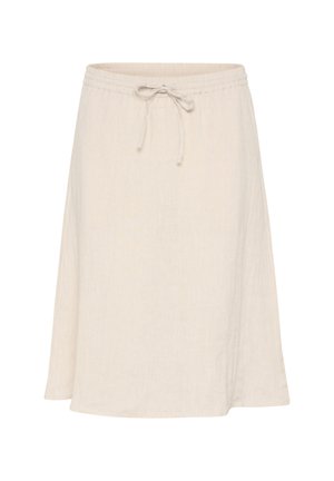 Linnen rok in off-white met een touwsluiting in de taille, knielang, met een ontspannen A-lijnvorm en een zachte textuur. Eenvoudig en minimalistisch ontwerp.