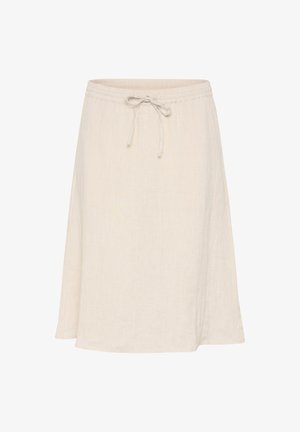 Lniana spódnica w kolorze ecru z wiązaniem w talii, do kolan, w luźnym fasonie A-line oraz gładkiej strukturze. Prosty i minimalistyczny design.