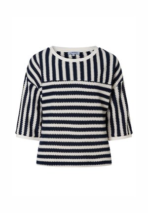 Kurzärmeliges Strickpullover mit abwechselnd horizontalen und vertikalen schwarz-weißen Streifen und rundem Ausschnitt.