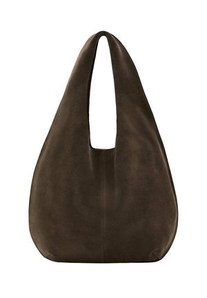 Bolso hobo de piel marrón oscuro suave con un asa ancha y en forma de lazo y fondo redondeado, mostrado sobre un fondo blanco liso.