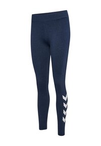 Navyblauwe leggings gemaakt van rekbare stof, met een hoge tailleband en een wit chevronpatroon aan de buitenzijde van het onderbeen.