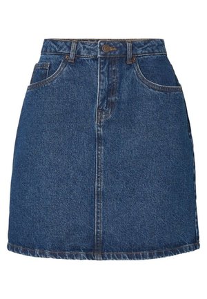 Blauwe denim A-lijn rok met knoop en rits aan de voorkant, twee voorzakken, zichtbare riemlussen en zichtbare naad in het midden.