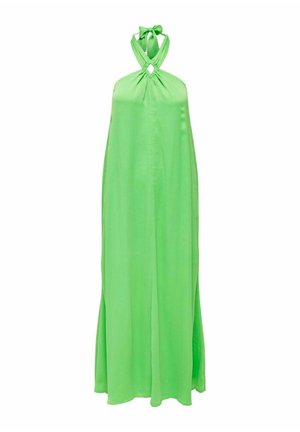 Abito con collo all'americana in tessuto verde brillante, caratterizzato da un design fluido, dettaglio annodato al collo e una forma allungata.