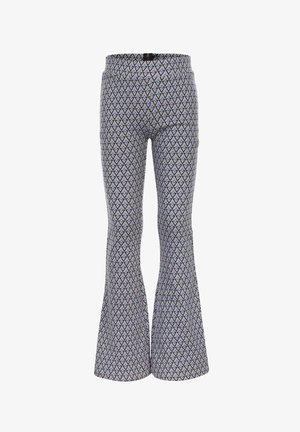 Uitlopende broek met een ruitpatroon in lichtblauw en zwart op een grijze achtergrond. Gemaakt van rekbare stof met een aangesloten tailleband.