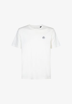 Bela bombažna majica s kroženim izrezom in kratkimi rokavi. Ima majhen okrogel logotip na zgornjem levem predelu prsnega koša.