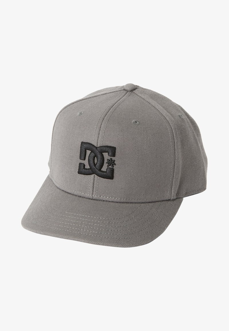 Gray baseball cap made of textured fabric featuring a black embroidered logo on the front and a stitched visor.
