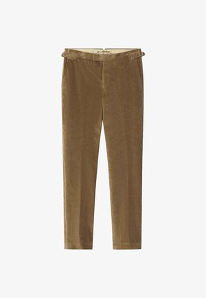 Brązowe spodnie woskowane w prostym kroju, z delikatną teksturą sztruksu i szlufkami na pasek w talii.