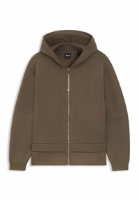 Brun zip-up hoodie med en texturerad yta, med huva, ribbade muddar och en logotyp på bröstet. Slät tyg med kontrasterande sömmar.