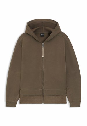 Brown zip-up hoodie with a textured finish, featuring a hood, ribbed cuffs, and a logo on the chest. Smooth fabric with contrasting seams.