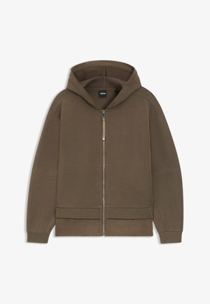 Brown zip-up hoodie with a textured finish, featuring a hood, ribbed cuffs, and a logo on the chest. Smooth fabric with contrasting seams.