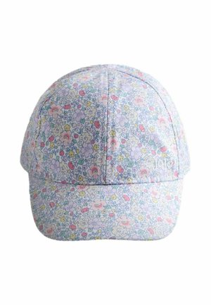 Baseball cap with pastel floral pattern in pink, yellow, and purple on a light blue background, shown from front view.