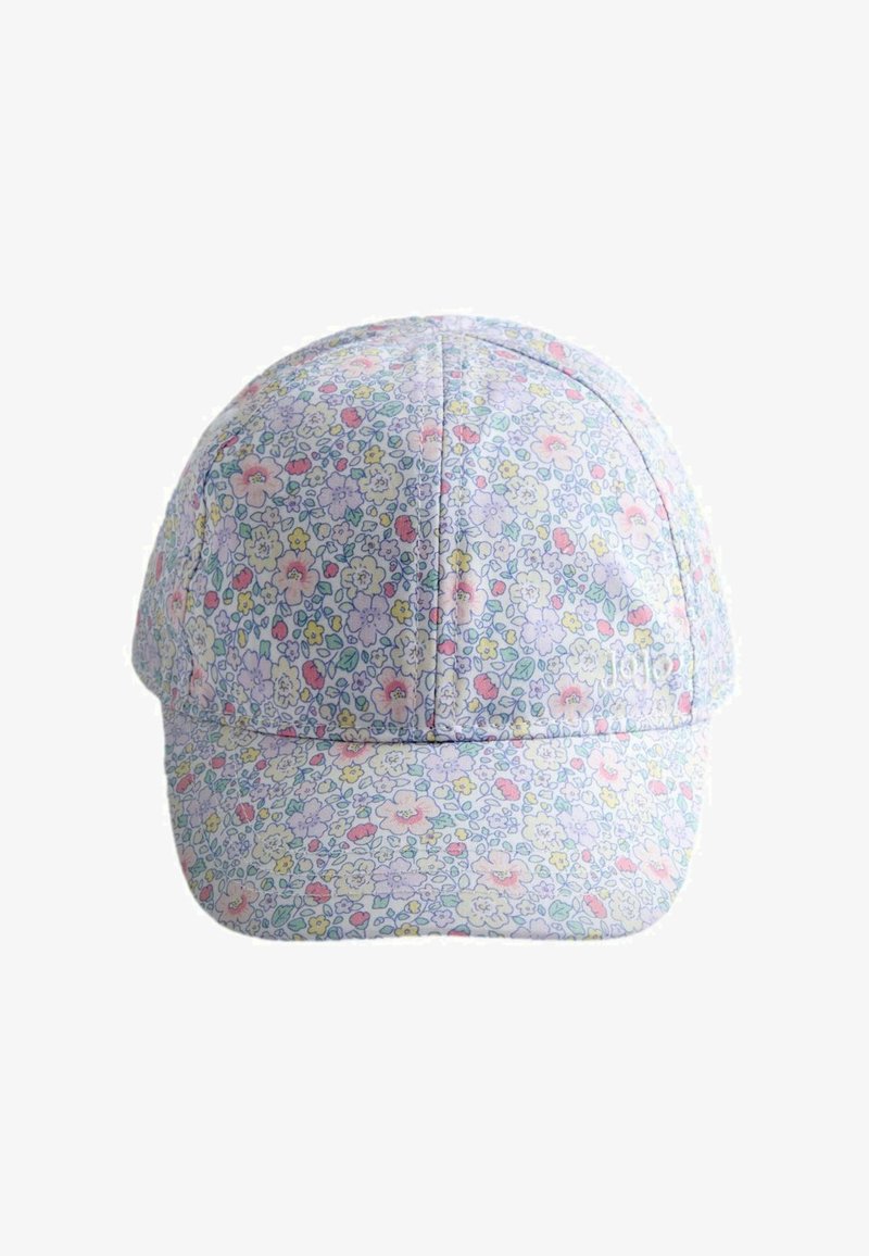 Casquette de baseball avec motif floral pastel en rose, jaune et violet sur fond bleu clair, vue de face.