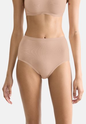 Beige high-waisted briefs made of soft, stretchy fabric with a smooth texture and seamless design, suitable for everyday wear.