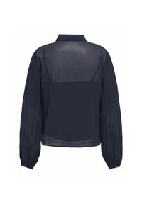 Camicia blu navy a maniche lunghe con schiena trasparente e maniche plissettate, dotata di colletto classico e polsini con bottoni.