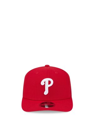 Red baseball cap with white letter "P" on the front, structured crown, flat visor, and adjustable snapback closure.