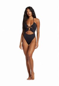 Zwarte eendelig badpak met uitsnijdingsontwerp, verstelbare bandjes en een sleutelgatdetail aan de voorkant. Zachte stof met een gladde textuur.