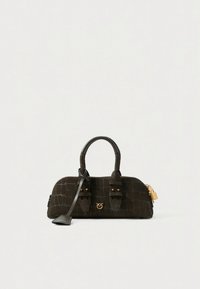 Dark brown handbag with croc-embossed texture, double handles, gold-tone hardware, and a small padlock on the zipper closure.