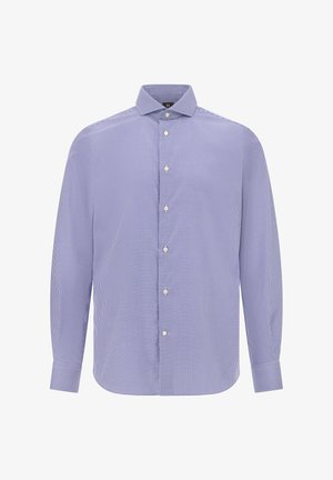 Blauw en wit geruite blouse met lange mouwen, gemaakt van stof met een knoopsluiting aan de voorkant, een kraag en een relaxte pasvorm. Voorzien van een standaard knoopsluiting.