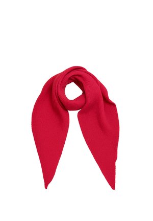 Red knitted scarf with a looped center and two pointed ends, displayed against a white background.