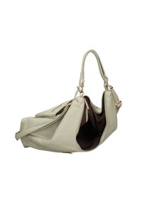 Borsa in pelle verde chiaro e morbido, con manici doppi, design piegato, scomparti con zip e interno marrone. Presenta accessori in tonalità oro.