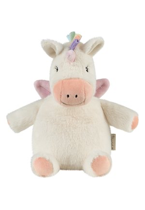Plush unicorn toy with white fur, pink muzzle and hooves, purple and pastel rainbow mane, closed eyes, and small pink wings on its back.