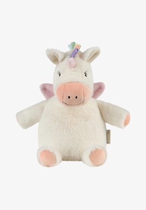 Plush unicorn toy with white fur, pink muzzle and hooves, purple and pastel rainbow mane, closed eyes, and small pink wings on its back.