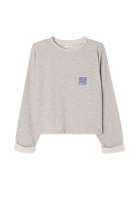 Skrajšana siva športna majica iz mehkega blaga. Ima okroglo ovratnico, dolge rokave s zvitki in majhen moder logotip spredaj.