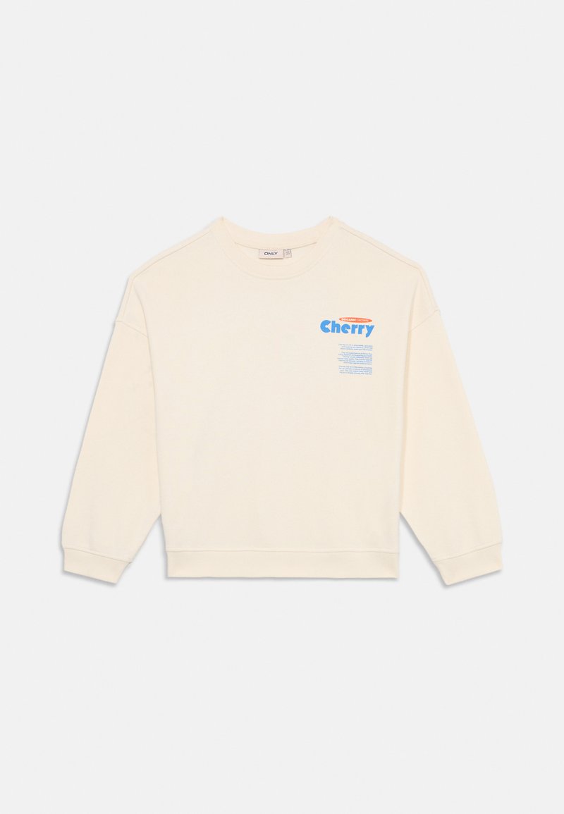 Cremefarget genser med rund hals, senkede skuldre og blå trykt "Cherry"-tekst med grafiske detaljer på fronten.